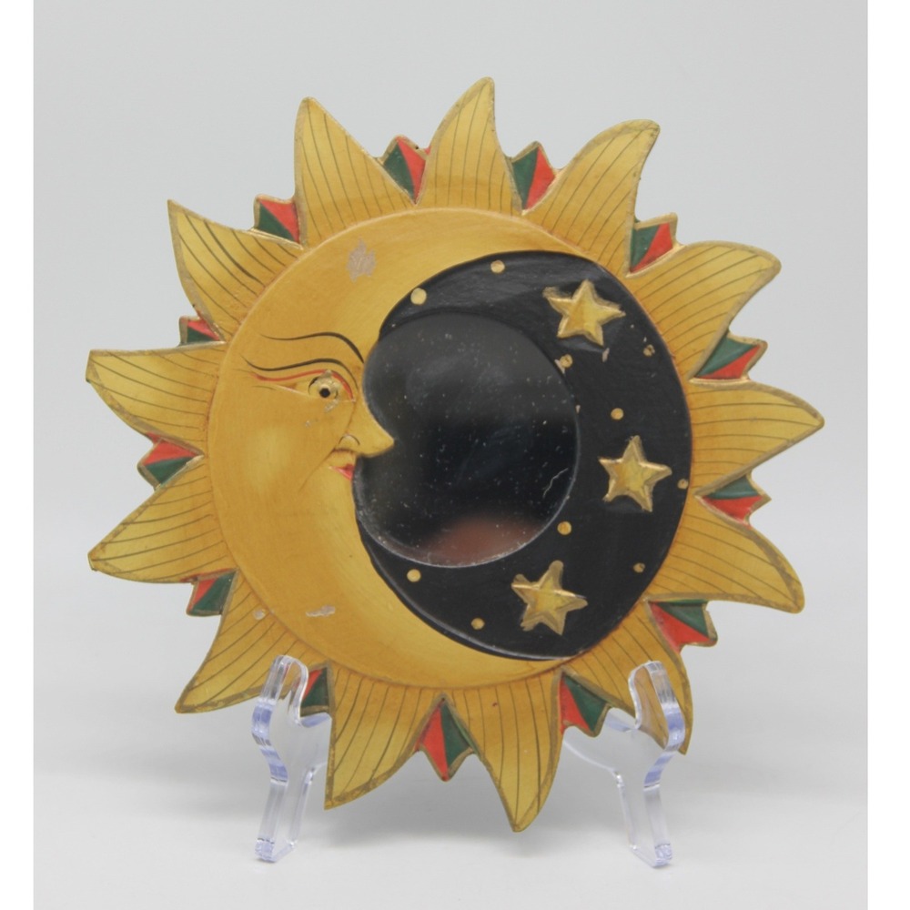 Vtg Celestial Sun Night Stars Wall Mirror Boho Decor Hand Painted Indonesia 8"